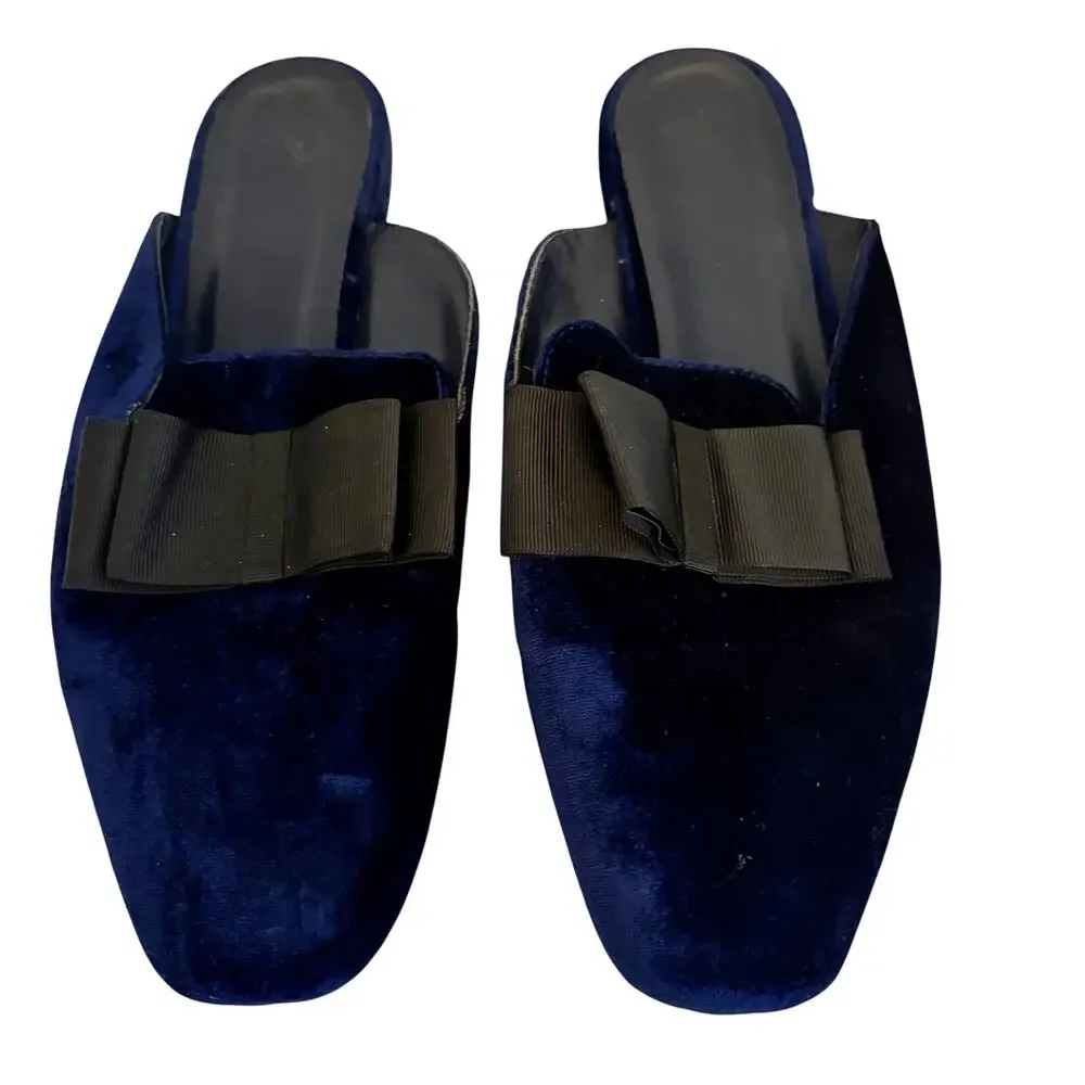 Joie Jean Navy Blue Velvet Leather Mules w/ Bow Flat Slides Glam Coquette